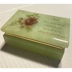 VTG Green Hand Carved Alabaster Stone Trinket Jewelry Box Italy Mother Poem Gift
